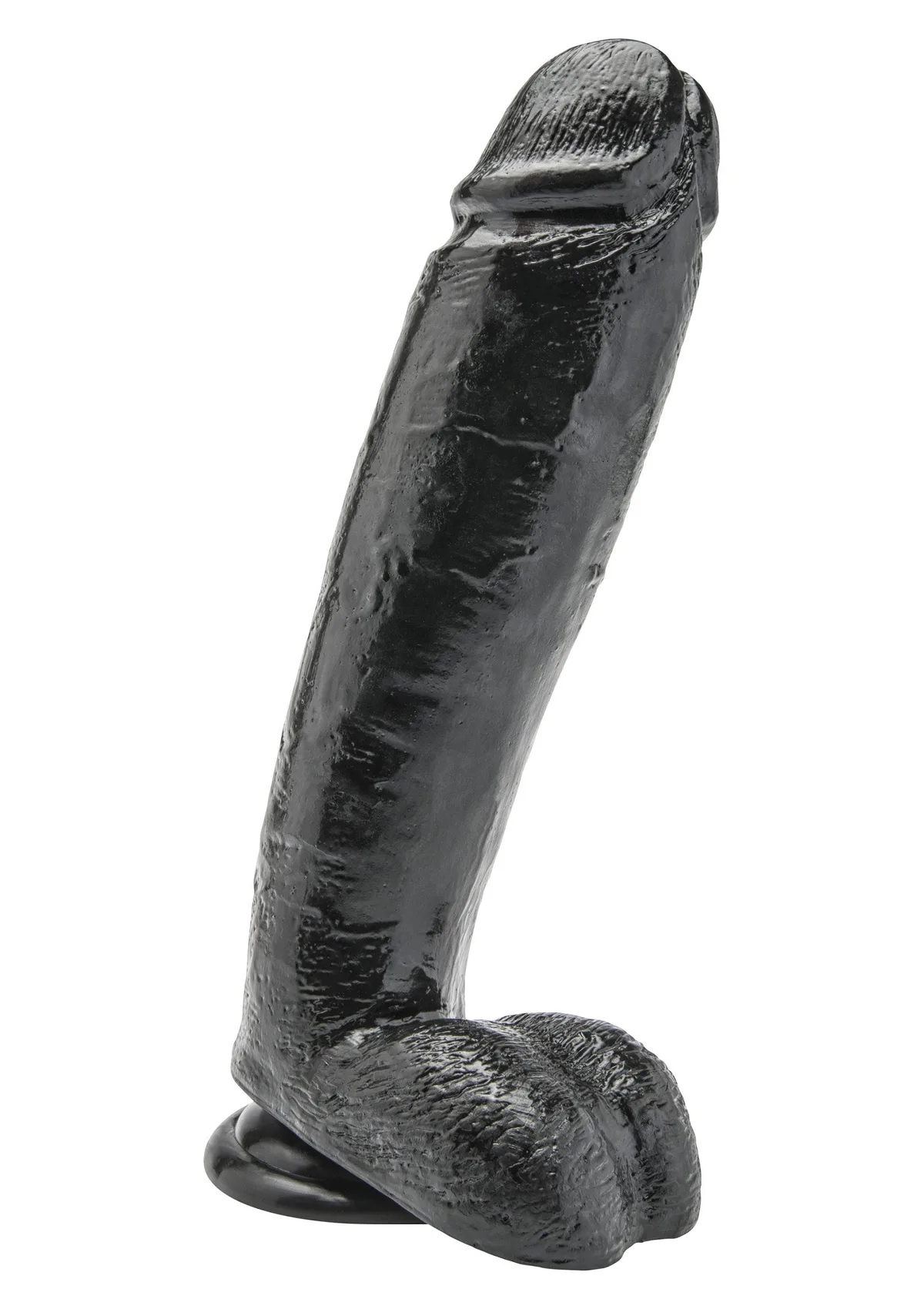 ToyJoy Get Real Cock With Balls i svart, sedd snett från sidan med pung och rund sugproppsbas