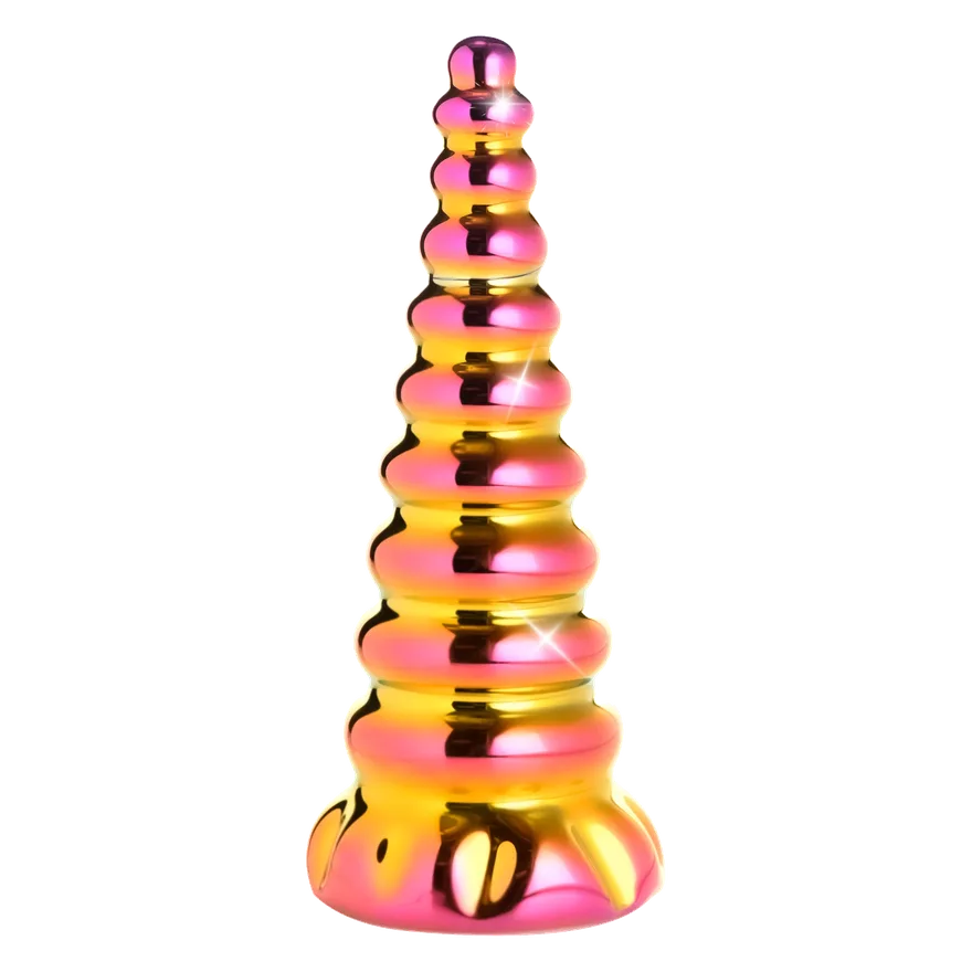 Twilight Rainbow Glass Dildo stående upprätt, iriserande i rosa och gulguld med stigande ribbor och bred fot