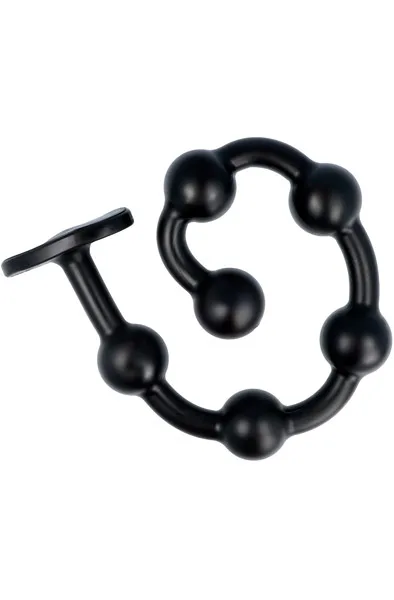 SWT One Anal Beads 72 cm i svart silikon, ihoprullad i en ring med de sex kulorna och den platta bottenplattan synliga
