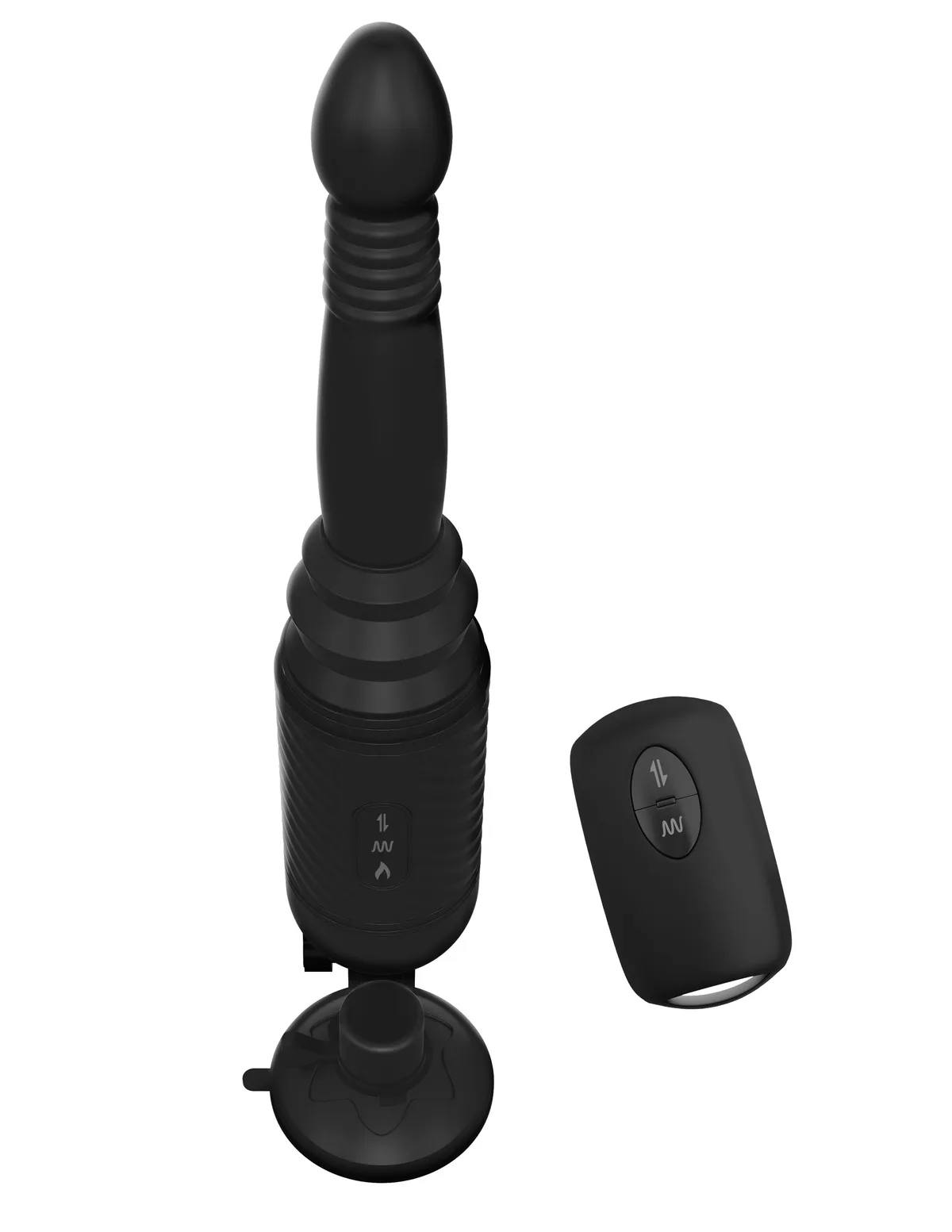 Anal Fantasy Elite Vibrating Ass Thruster i svart, monterad med skaft, motorcylinder och sugkoppsbas, med den trådlösa fjärrkontrollen bredvid