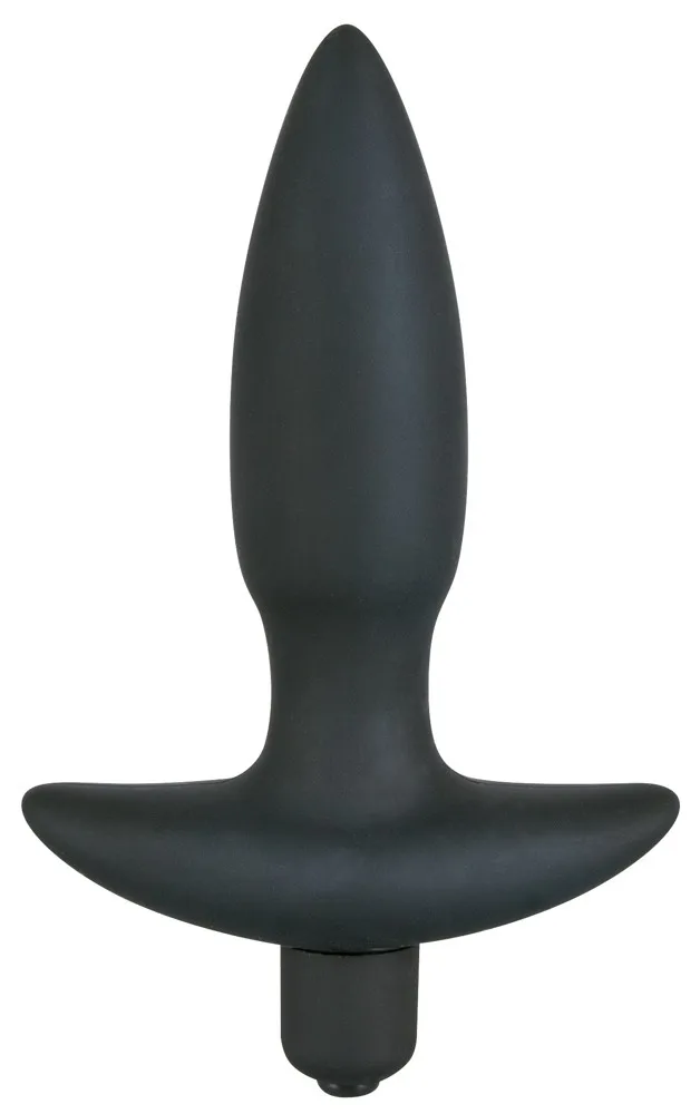 Black Velvets Vibrating Plug Small i svart silikon, sedd framifrån med den ankarformade basen och den utskjutande vibrationsmodulen