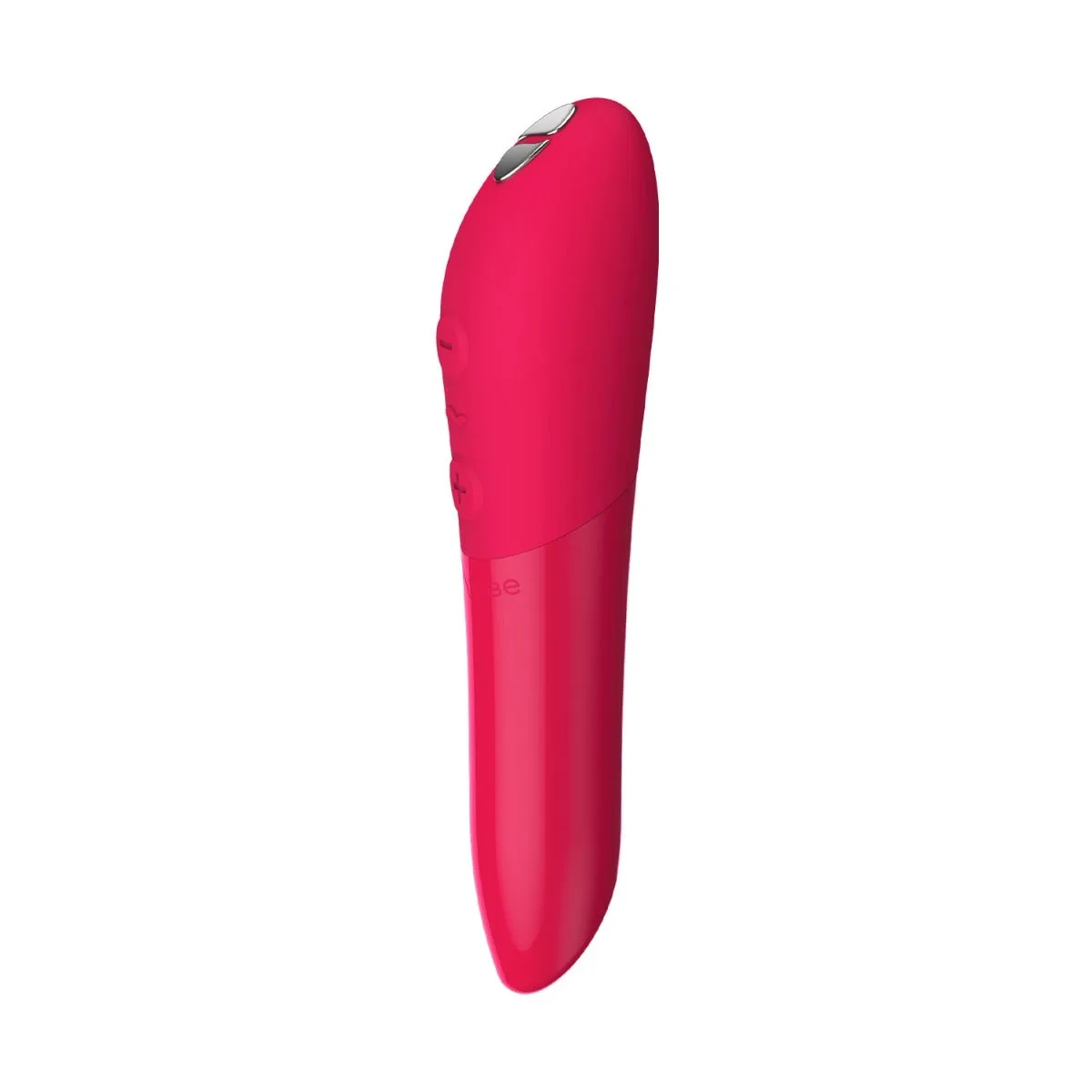We-Vibe Tango X i Cherry Red, sedd från sidan med den avsmalnande spetsen uppåt och de tre knapparna på silikonhandtaget