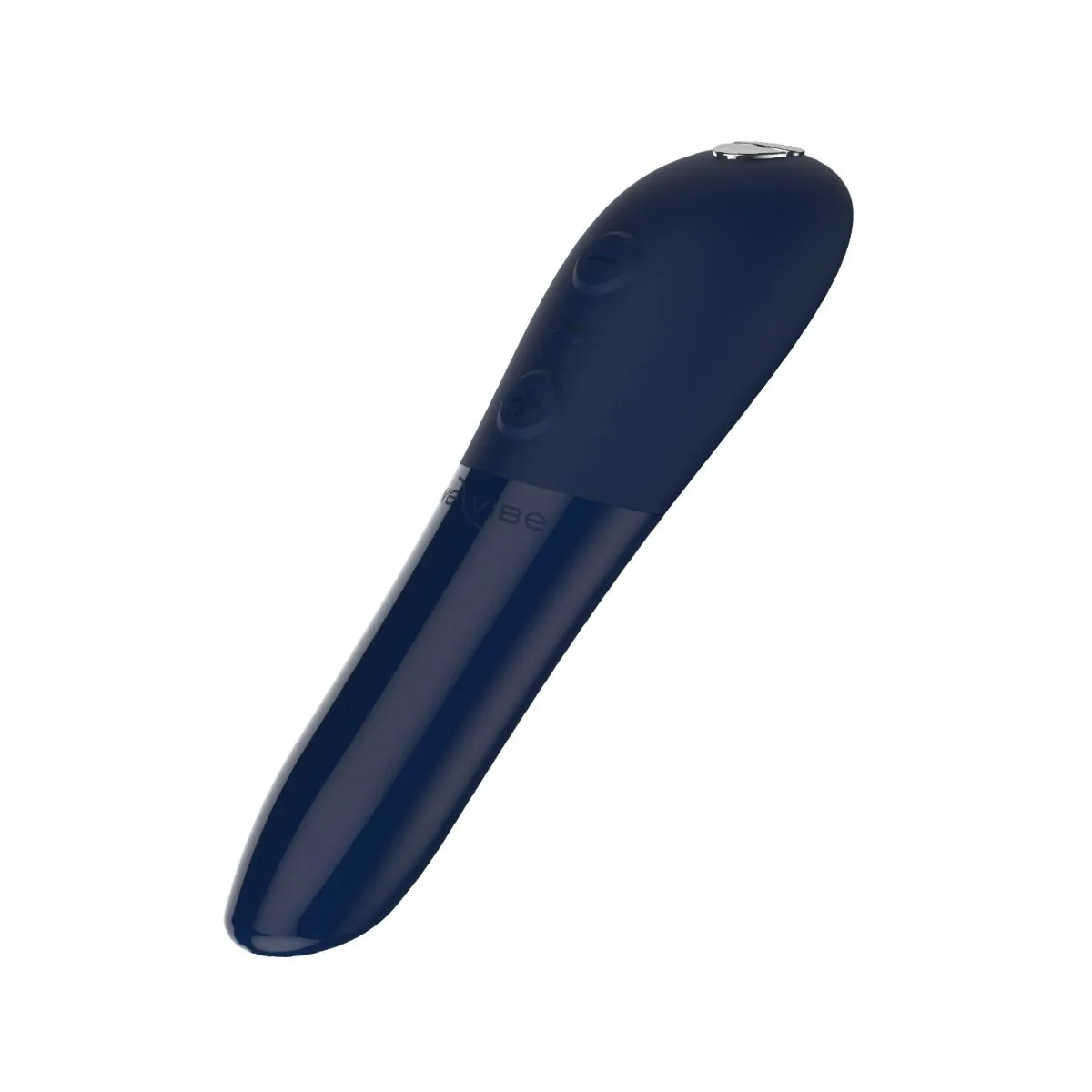 We-Vibe Tango X i Midnight Blue, sedd snett från sidan med den avsmalnade toppen och de tre knapparna