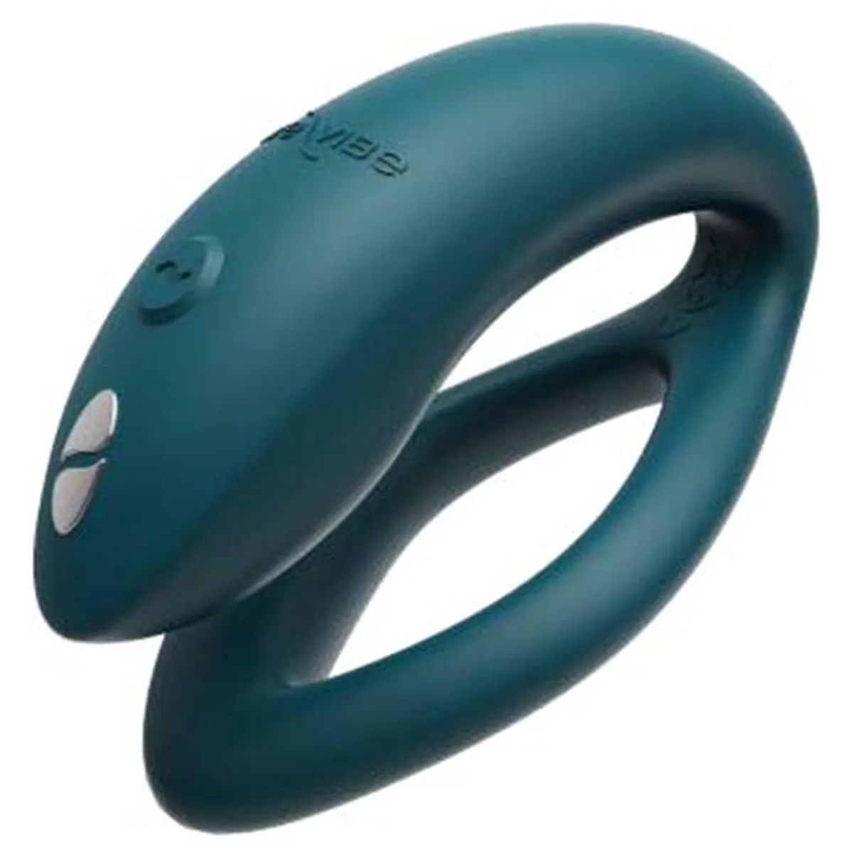 We-Vibe Sync O i grönt, sedd snett uppifrån med den yttre stimulatorn och den O-formade inre armen