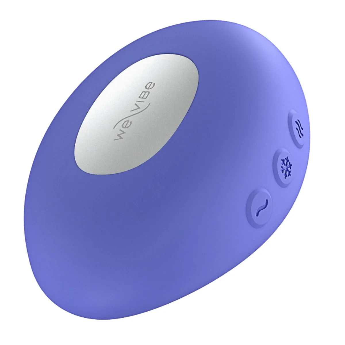 We-Vibe Temp i Lavender Blue, sedd snett uppifrån med temperaturplattan och de tre knapparna synliga