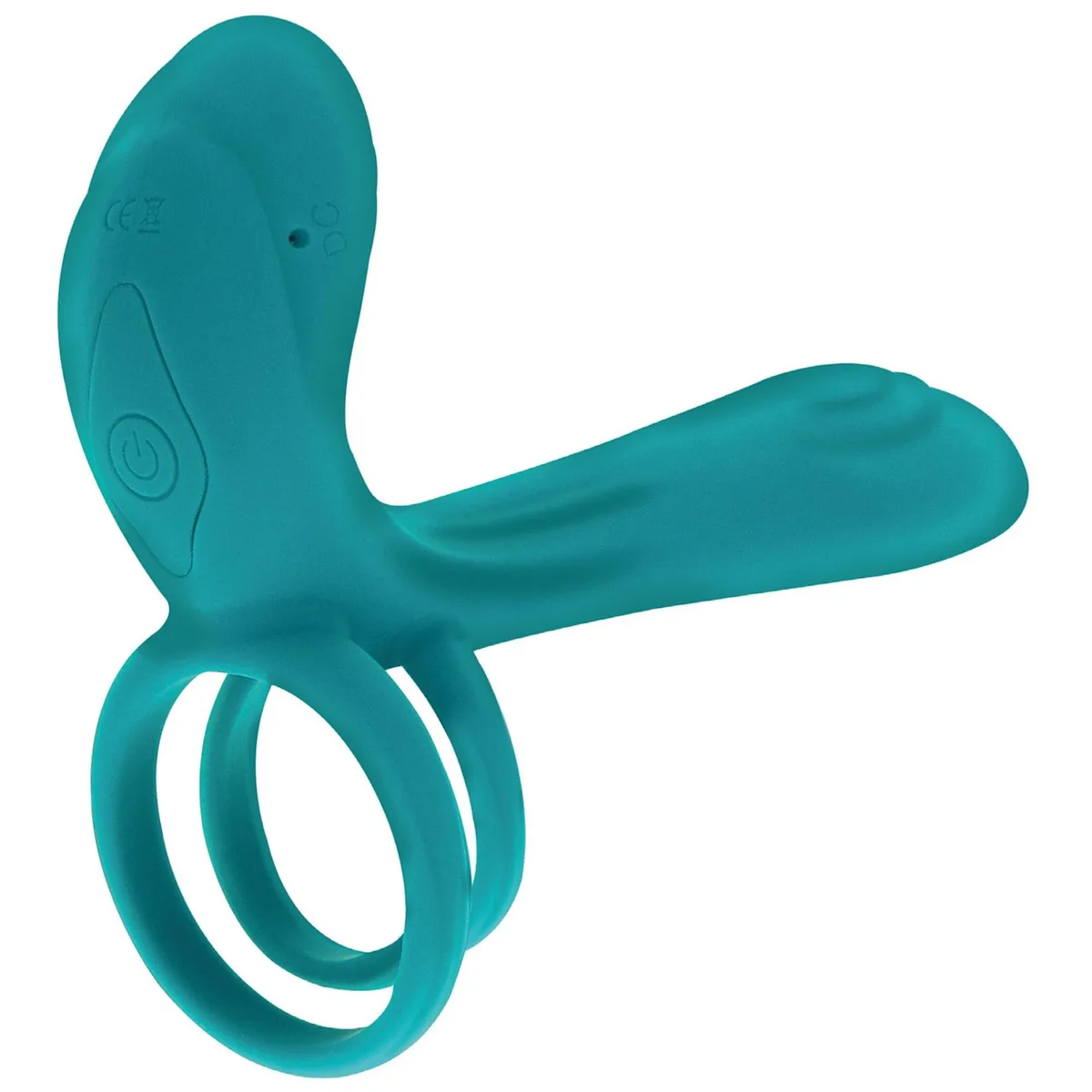 Xocoon Couples Vibrator Ring i turkos silikon, sedd snett framifrån med båda ringarna och det förlängda skaftet
