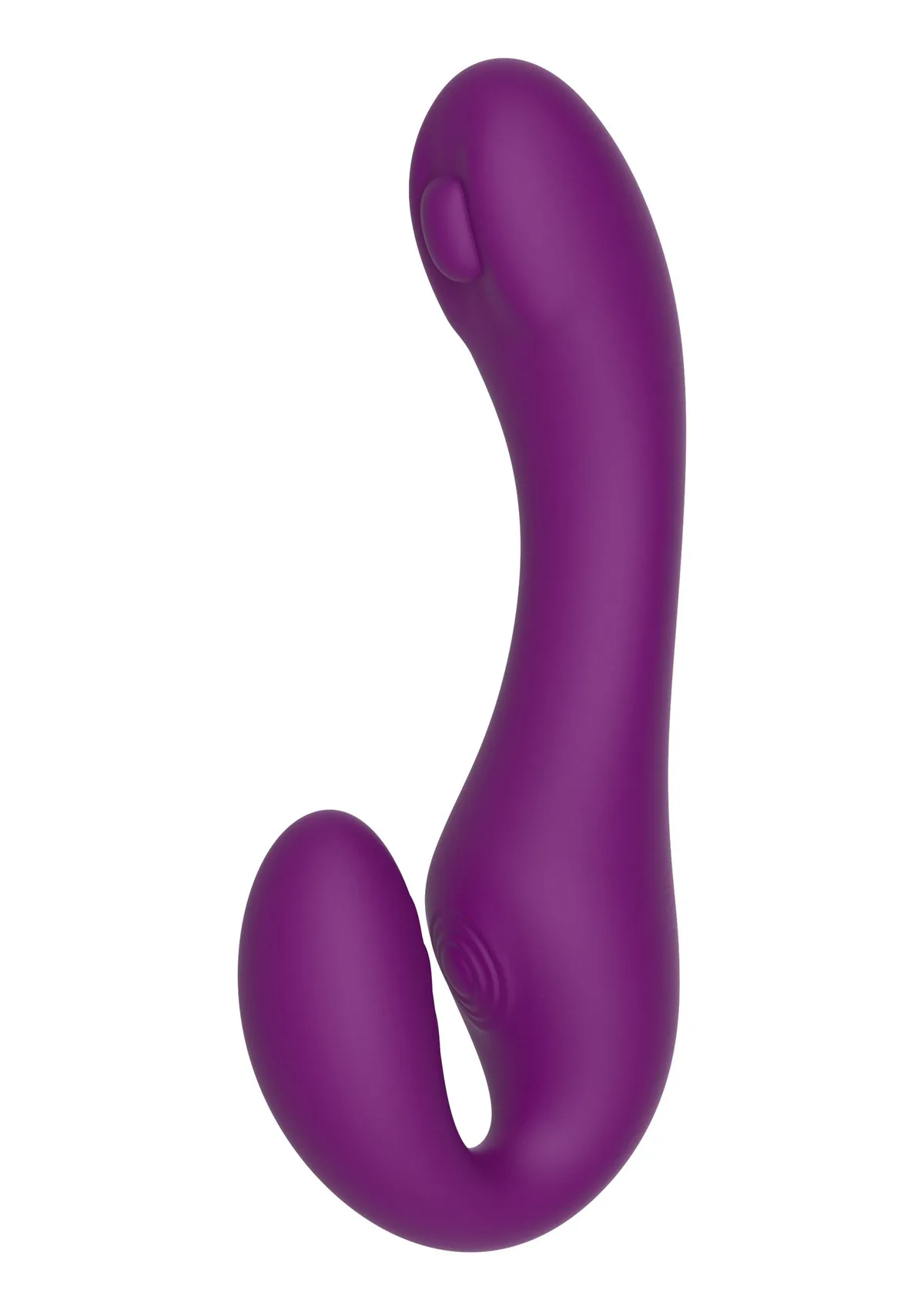 XOCOON Strapless Strap-On Pulse Vibe i lila, sedd från sidan med det långa böjda skaftet och den korta ankaränden