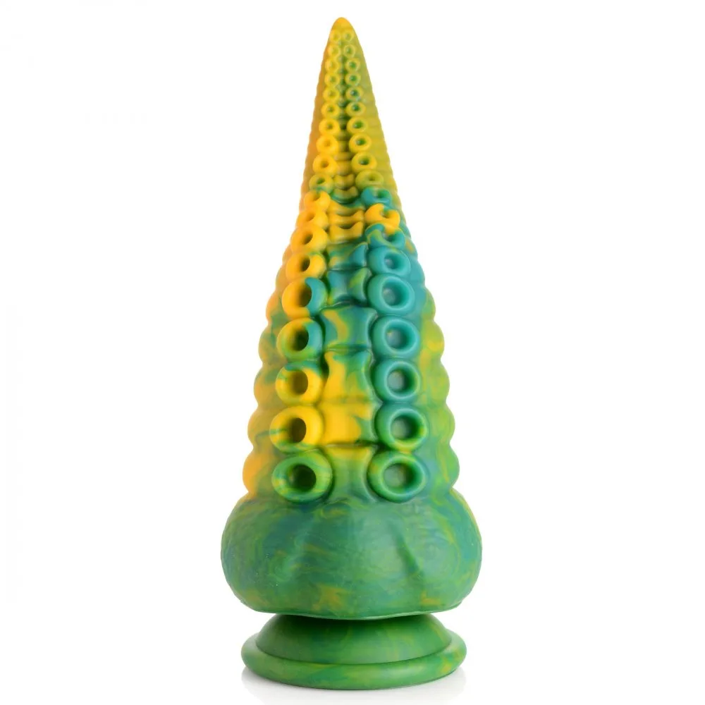Monstropus Tentacled Monster Dildo i marmorerad grön och gul silikon, sedd framifrån med sugkoppsbasen nedåt