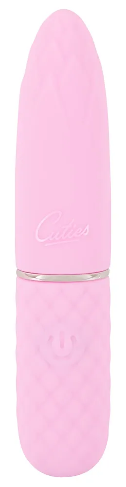 Cuties Tapered Tip Mini Vibrator i pastellrosa silikon, sedd från sidan med den avsmalnade toppen uppåt