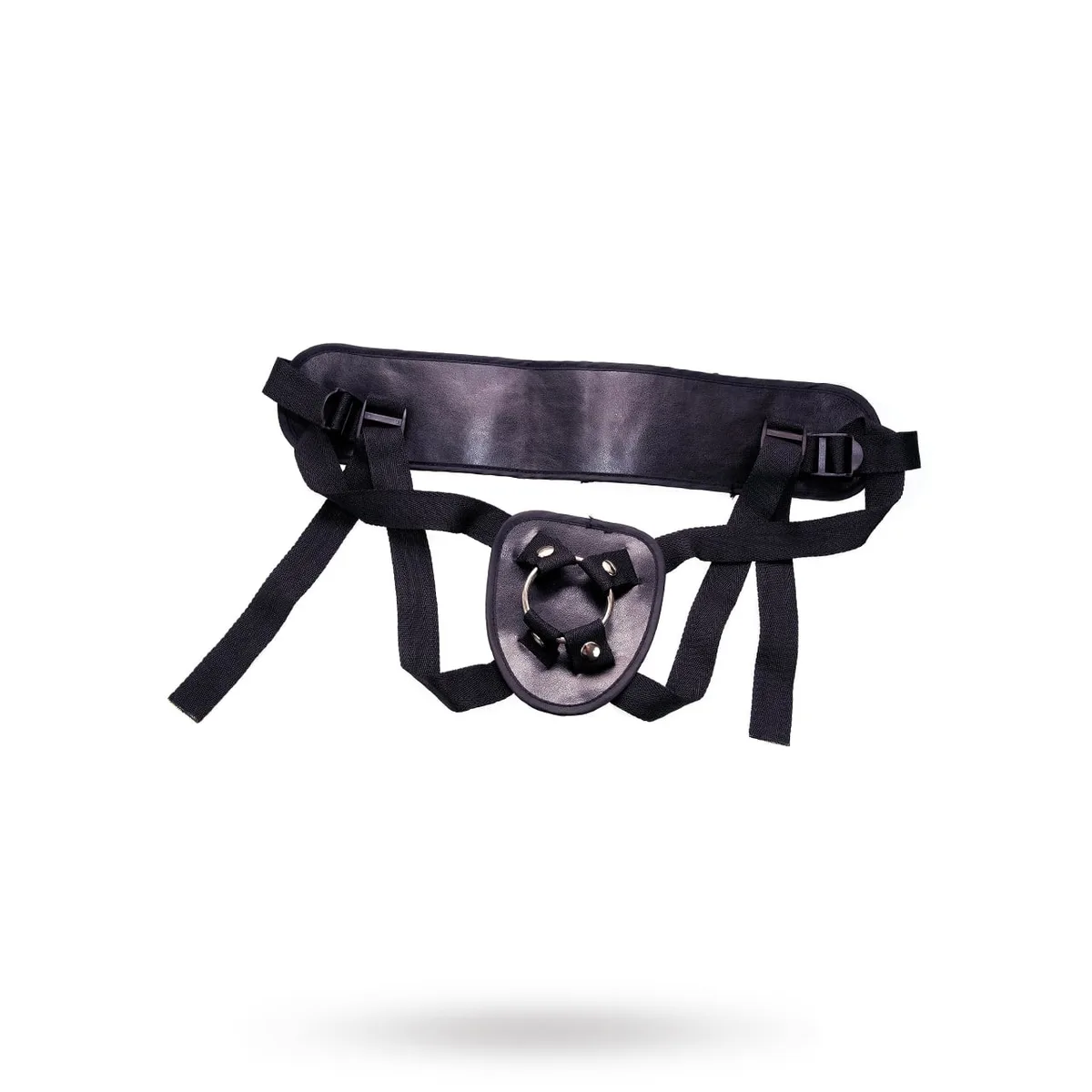 You2Toys Universal Harness i svart konstläder, sedd snett framifrån mot vit bakgrund med vadderat midjeband, benremmar och frontplatta med monterad metallring