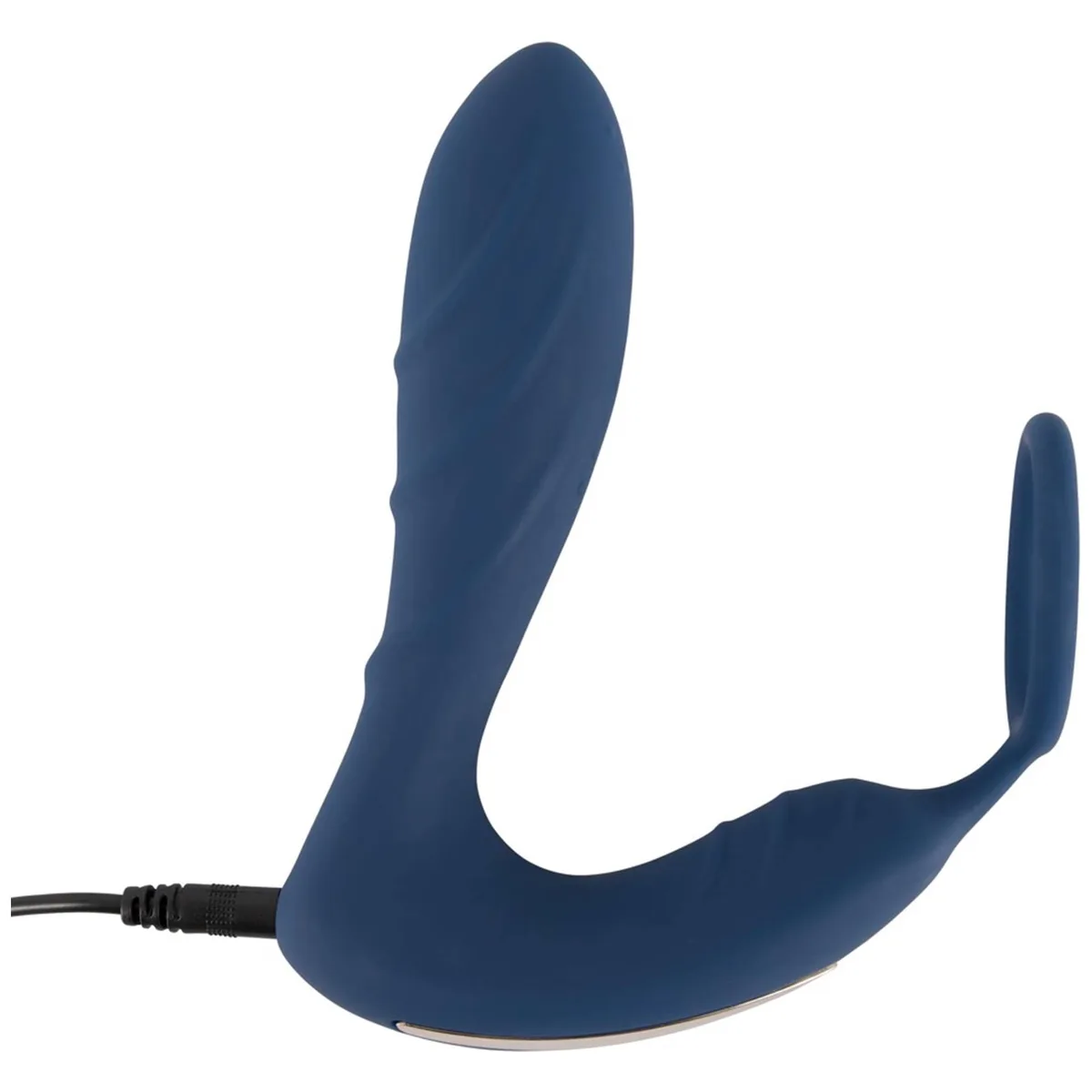 You2Toys Vibrating Prostate Plug With Cock Ring i blå silikon, sedd från sidan med analplugg, perineumarm och penisring